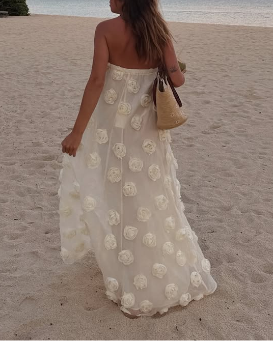 White 3D Floral Rose Strapless Flowy Maxi Dress