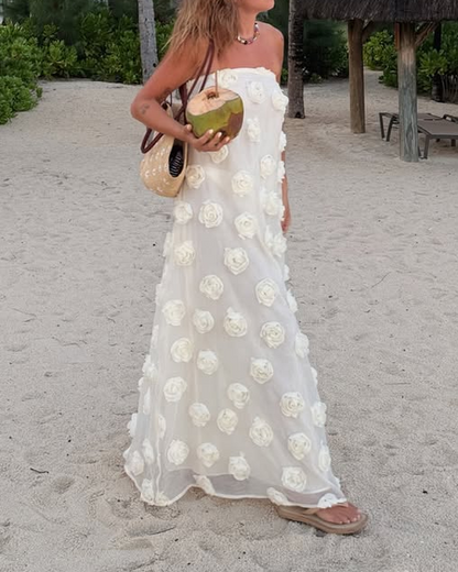 White 3D Floral Rose Strapless Flowy Maxi Dress