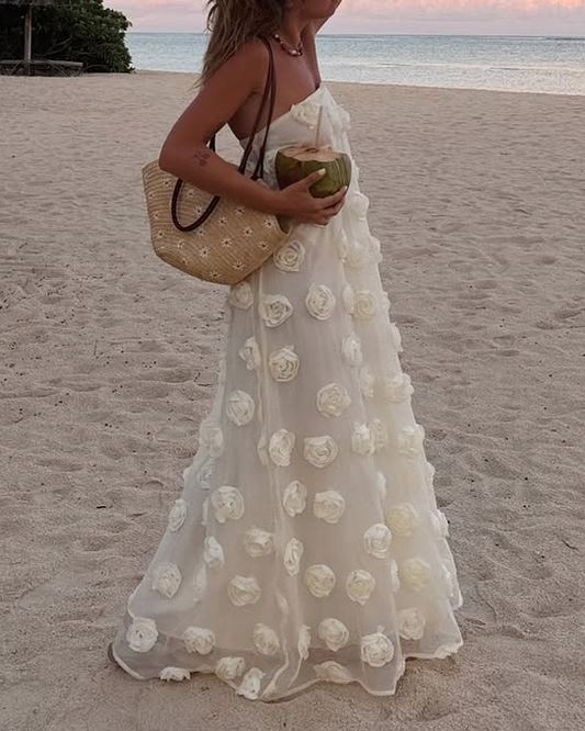 White 3D Floral Rose Strapless Flowy Maxi Dress