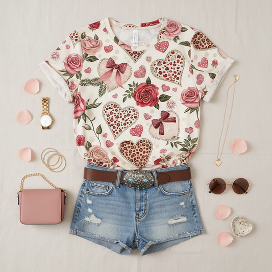 Roses & Hearts Print Short Sleeve T-Shirt - Romantic Valentine's Edition