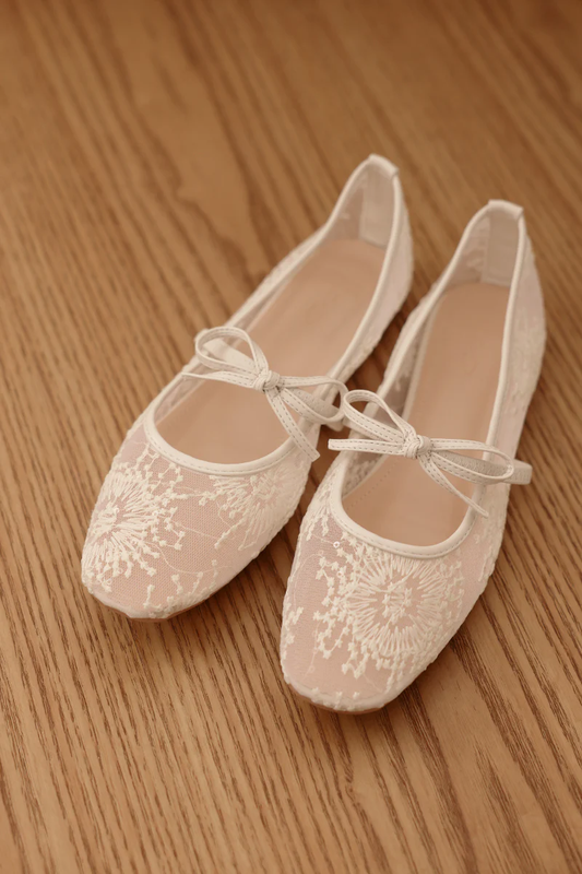 Women's Floral Lace Bow Mary Jane Ballet Flats