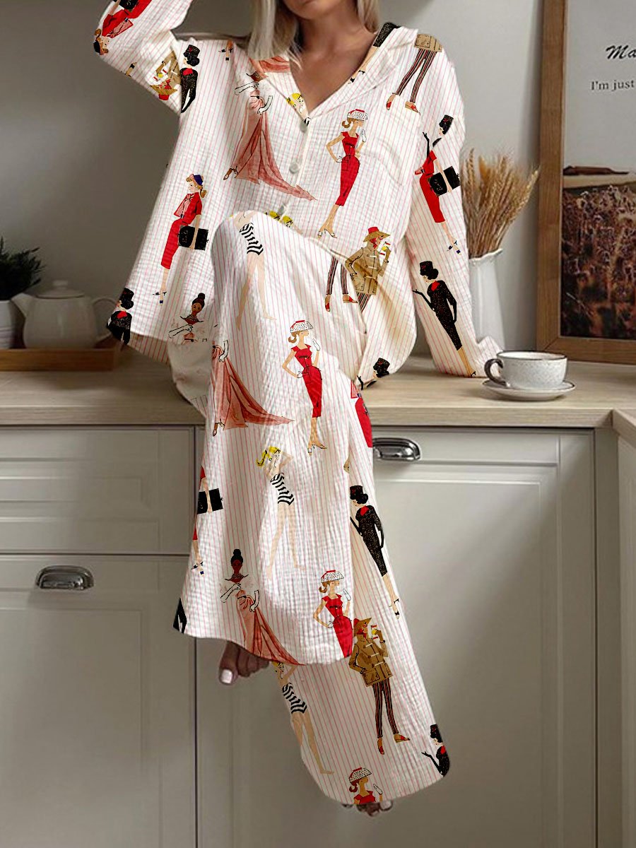 Women's Miss Santa Striped Print Cotton Cardigan Homewear Set