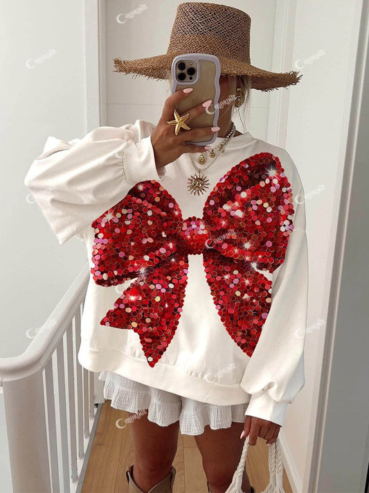 Women's Christmas Glitter Sequins Red Bow Print Sweatshirt