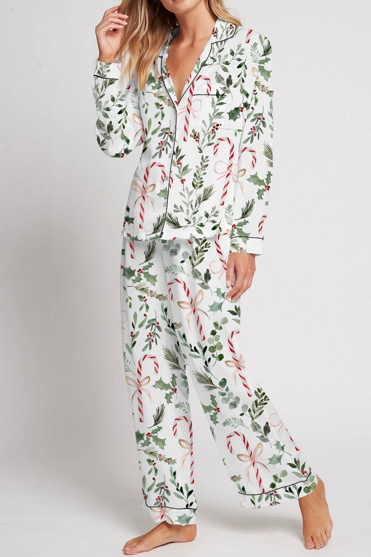 Women's Christmas Candy Cane Plant Floral Print Long Sleeve V-Neck Homewear Set