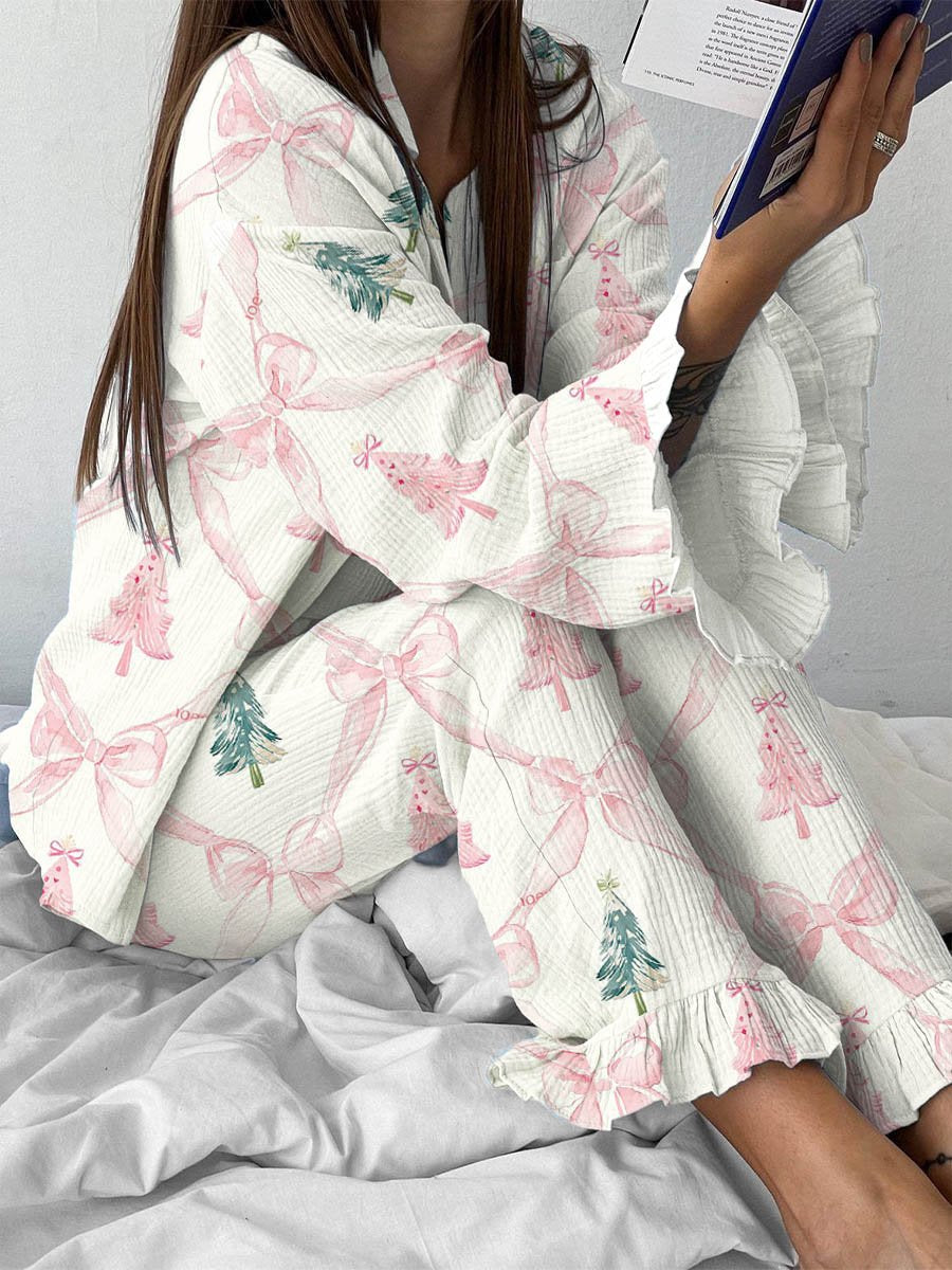 Ladies Pink Bow Christmas Tree Cute Elegant Pajama Set