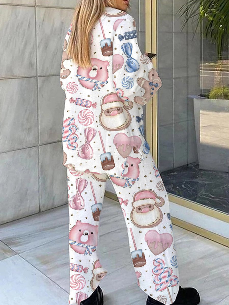 Women's Christmas Santa Claus Pattern V-Neck Long Sleeve Pants Suit