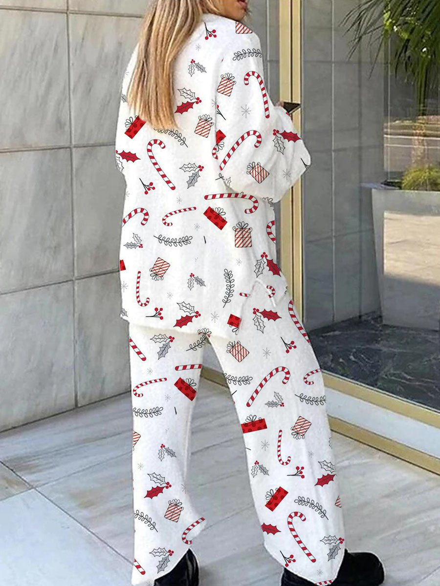 Women's Christmas Candy Cane Fleece Long Sleeve Pant Set