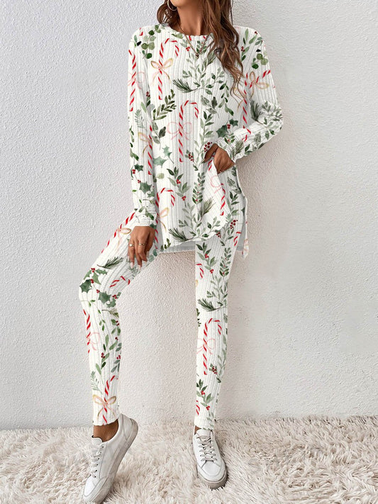 Women's Christmas Candy Cane Plant Floral Print Long Sleeve Fitted Homewear Set