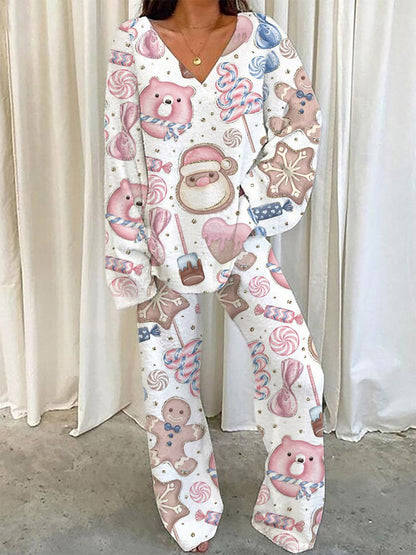 Women's Christmas Santa Claus Pattern V-Neck Long Sleeve Pants Suit