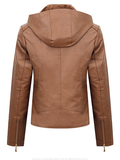 Women Warm Fleece Lined Zipper Hooded Leather Jacket