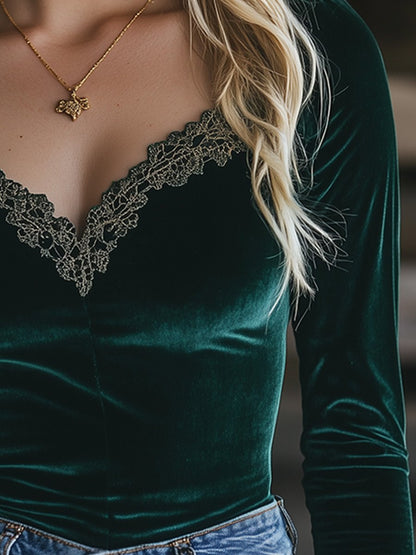 (clearance)V-neck Velvet Lace Slim-fit Long-sleeved Shirt