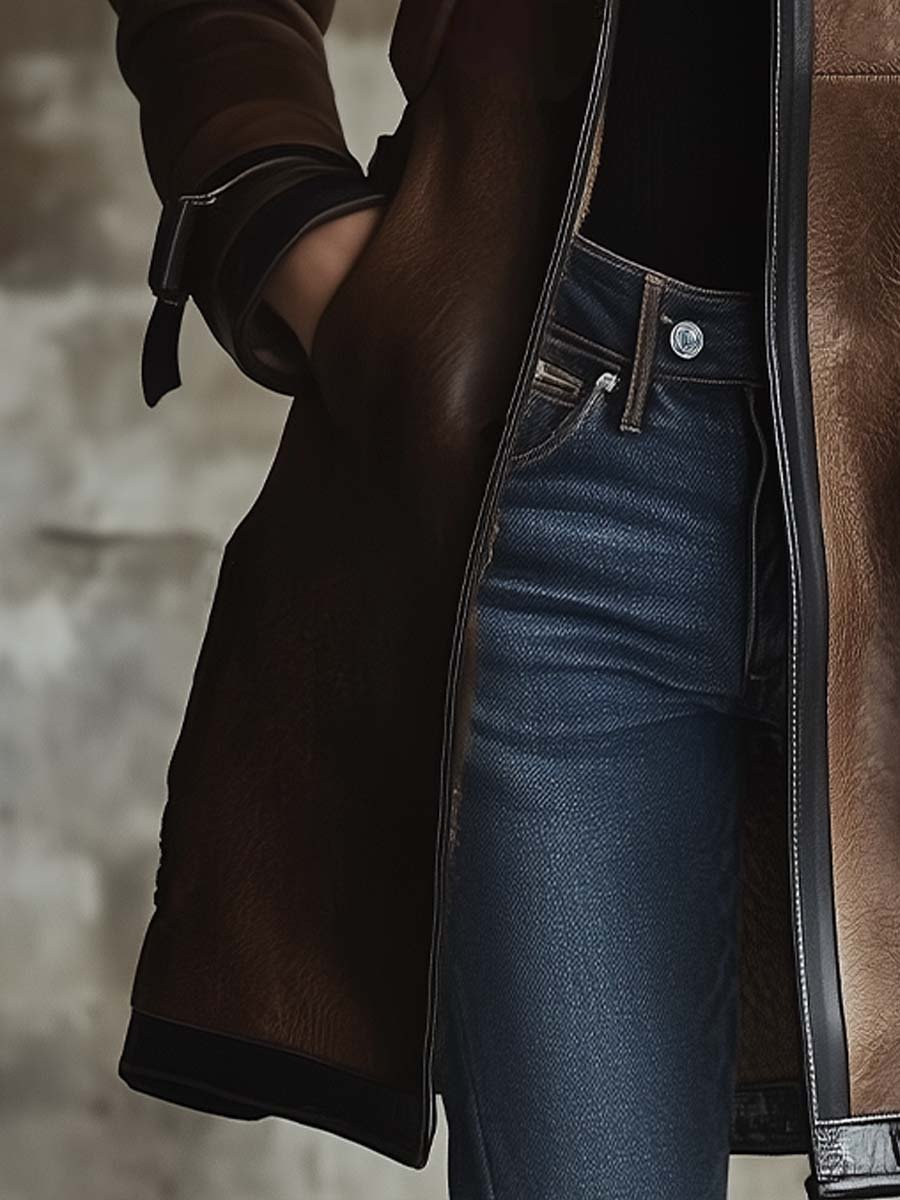 Women's Vintage Contrast Collar Faux Leather Jacket
