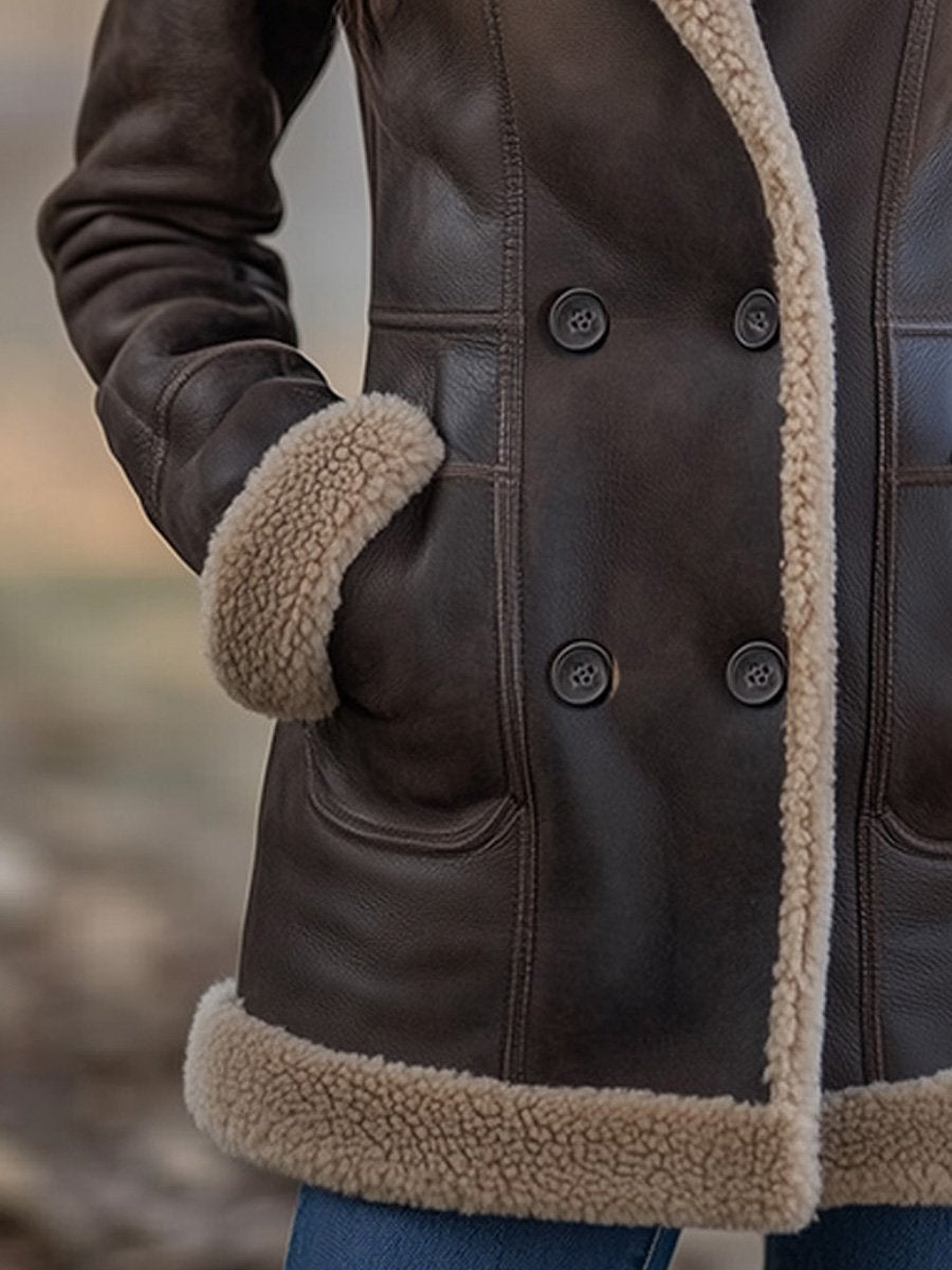 Vintage Lambswool Lapel Pocket Sheepskin Warm Coat