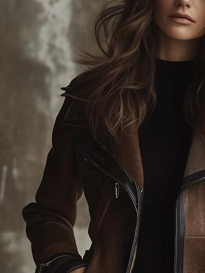 Women's Vintage Contrast Collar Faux Leather Jacket