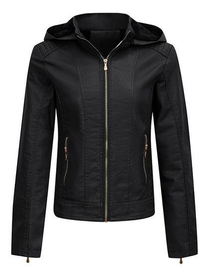 Women Warm Fleece Lined Zipper Hooded Leather Jacket