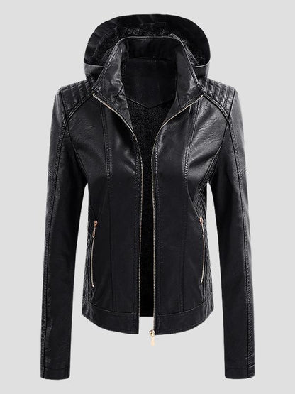 Stylish Warm Lined Detachable Hood Pockets Leather Jacket