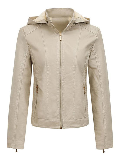 Women Warm Fleece Lined Zipper Hooded Leather Jacket