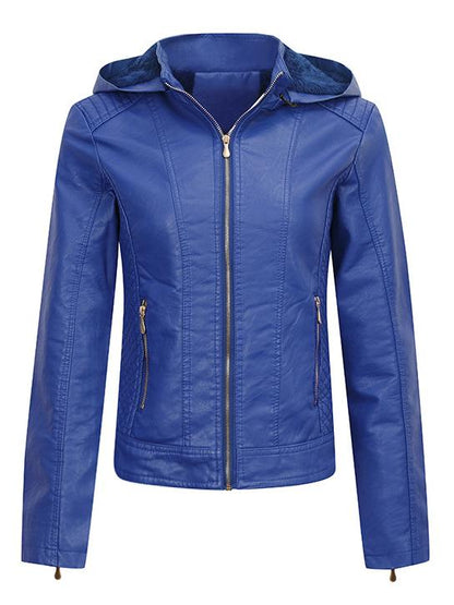 Women Warm Fleece Lined Zipper Hooded Leather Jacket