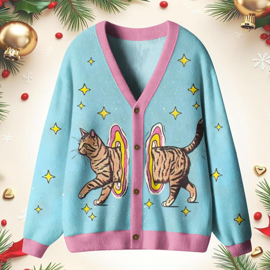 Winter Starry Sky Cute Cat Unisex Ugly Cardigan Sweaters